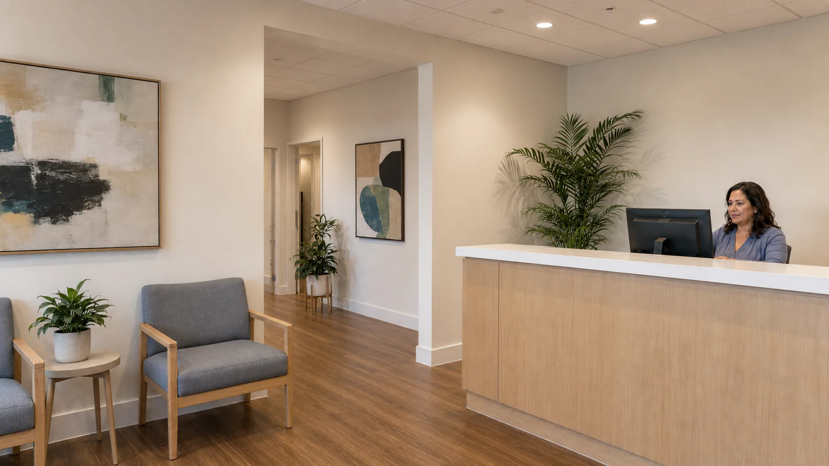 A clinic team member working at the front desk