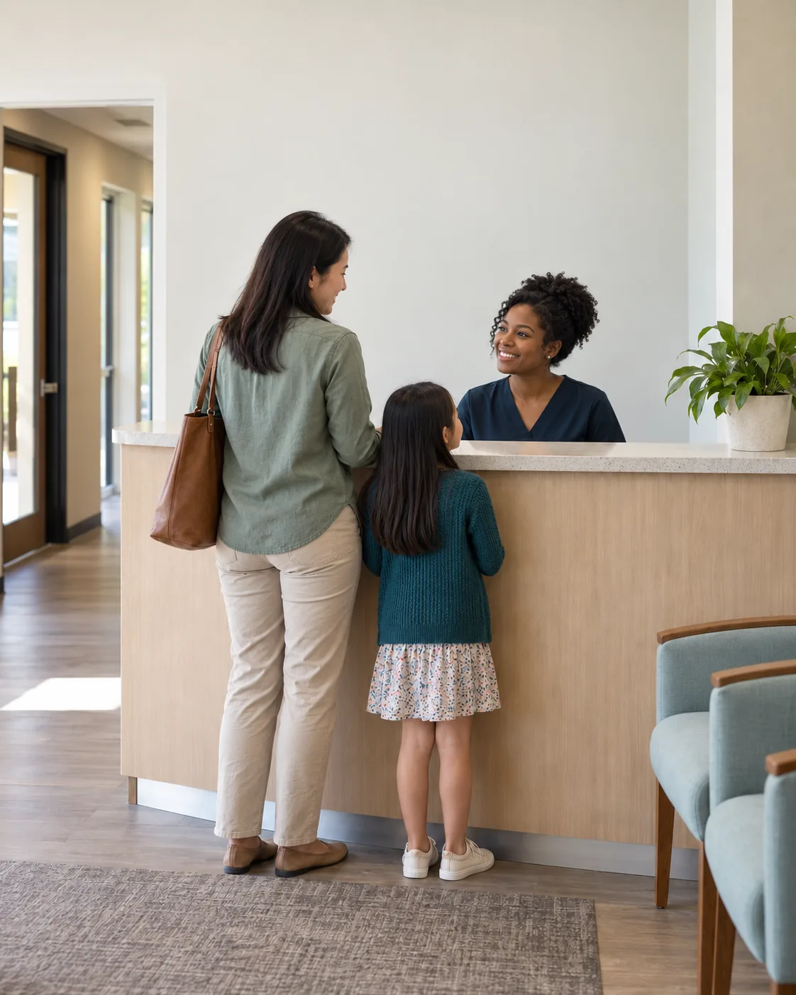 A mother and daughter checking in with a receptionist at a therapy clinic front desk.