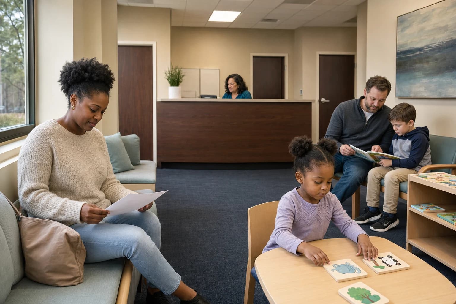 Families waiting together before appointments at a suburban speech therapy clinic.