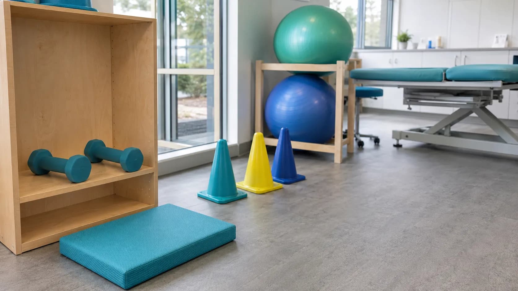 Exercise props set out in a physical therapy treatment room
