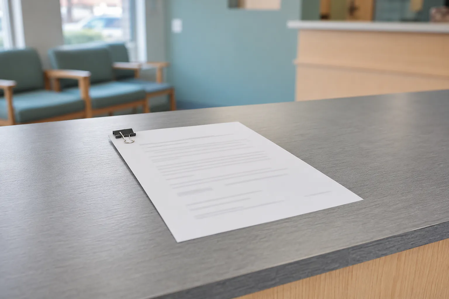Clinic documents resting on a front desk