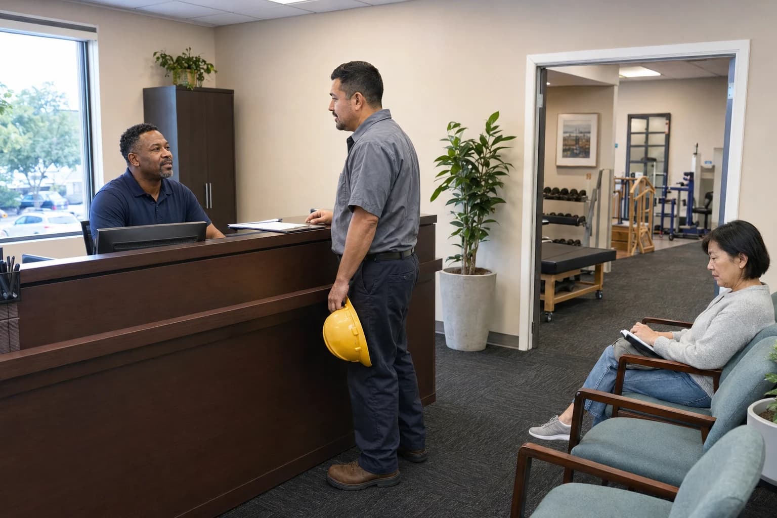 A patient speaking with a team member at an occupational therapy clinic front desk.