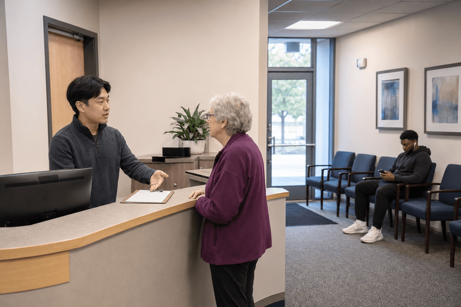 A patient checking in at a physical therapy clinic front desk