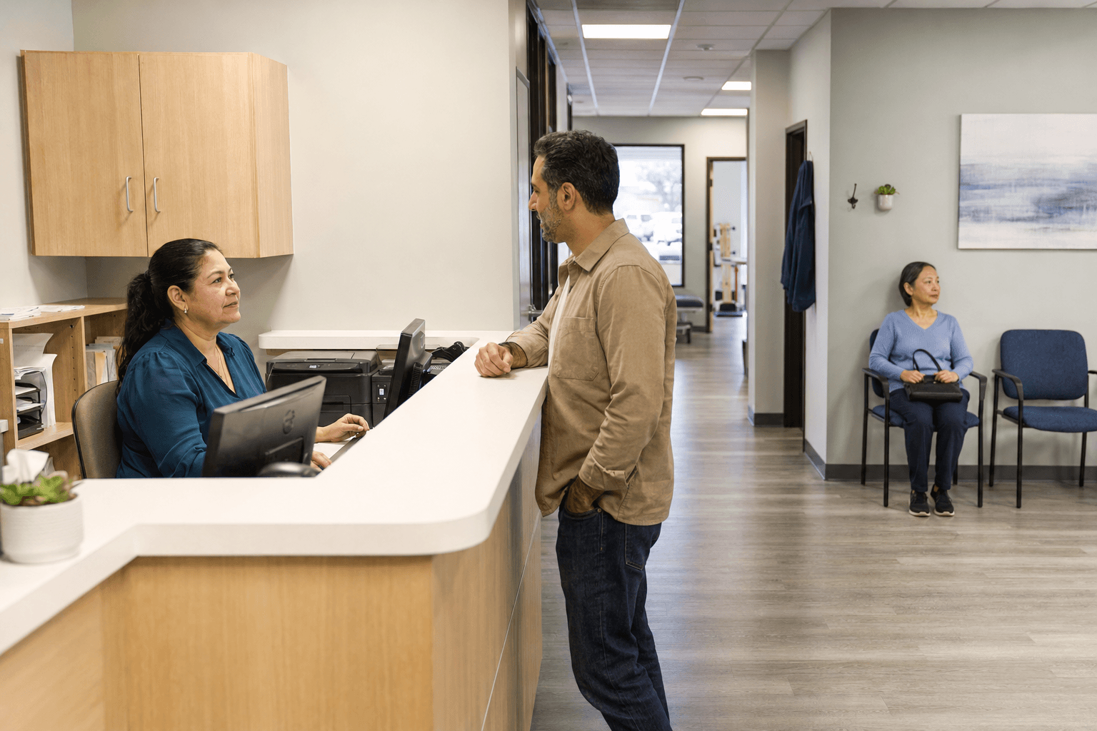 A patient speaking with the front desk at a physical therapy clinic