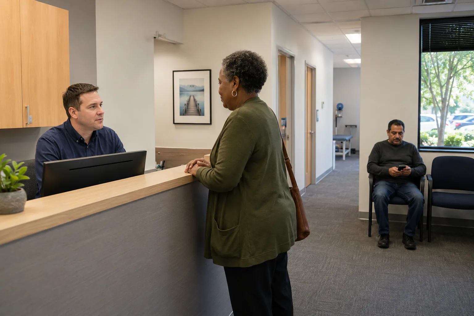 A patient discussing the cost of care at a physical therapy clinic front desk