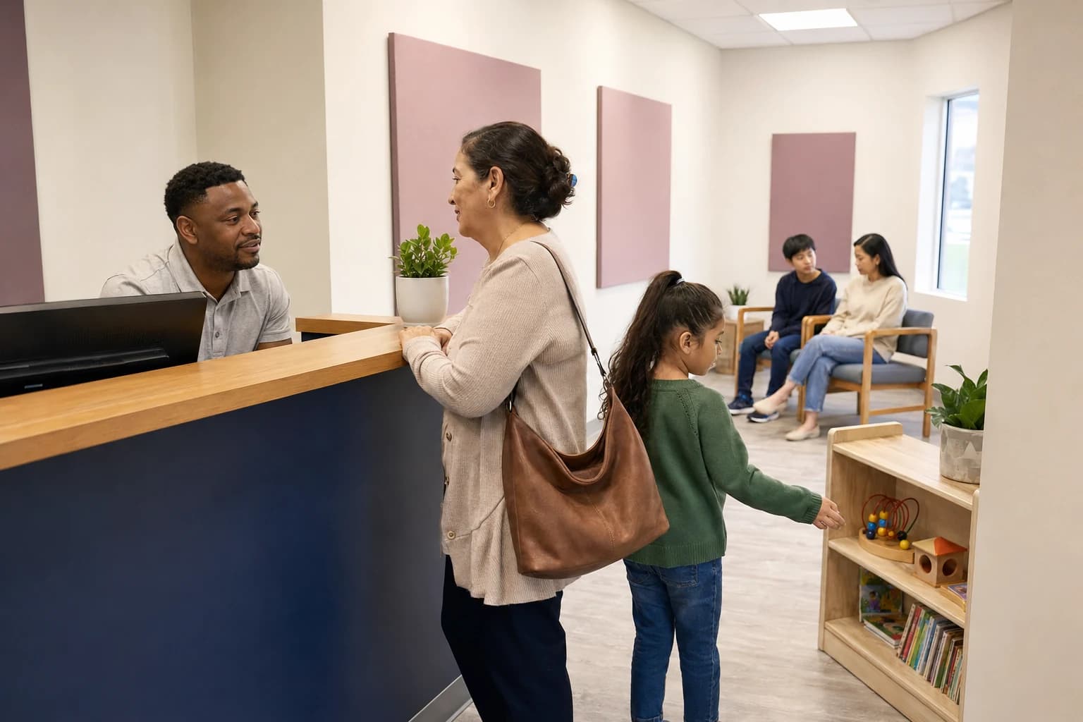 A family checking in while another family waits at a suburban speech therapy clinic.