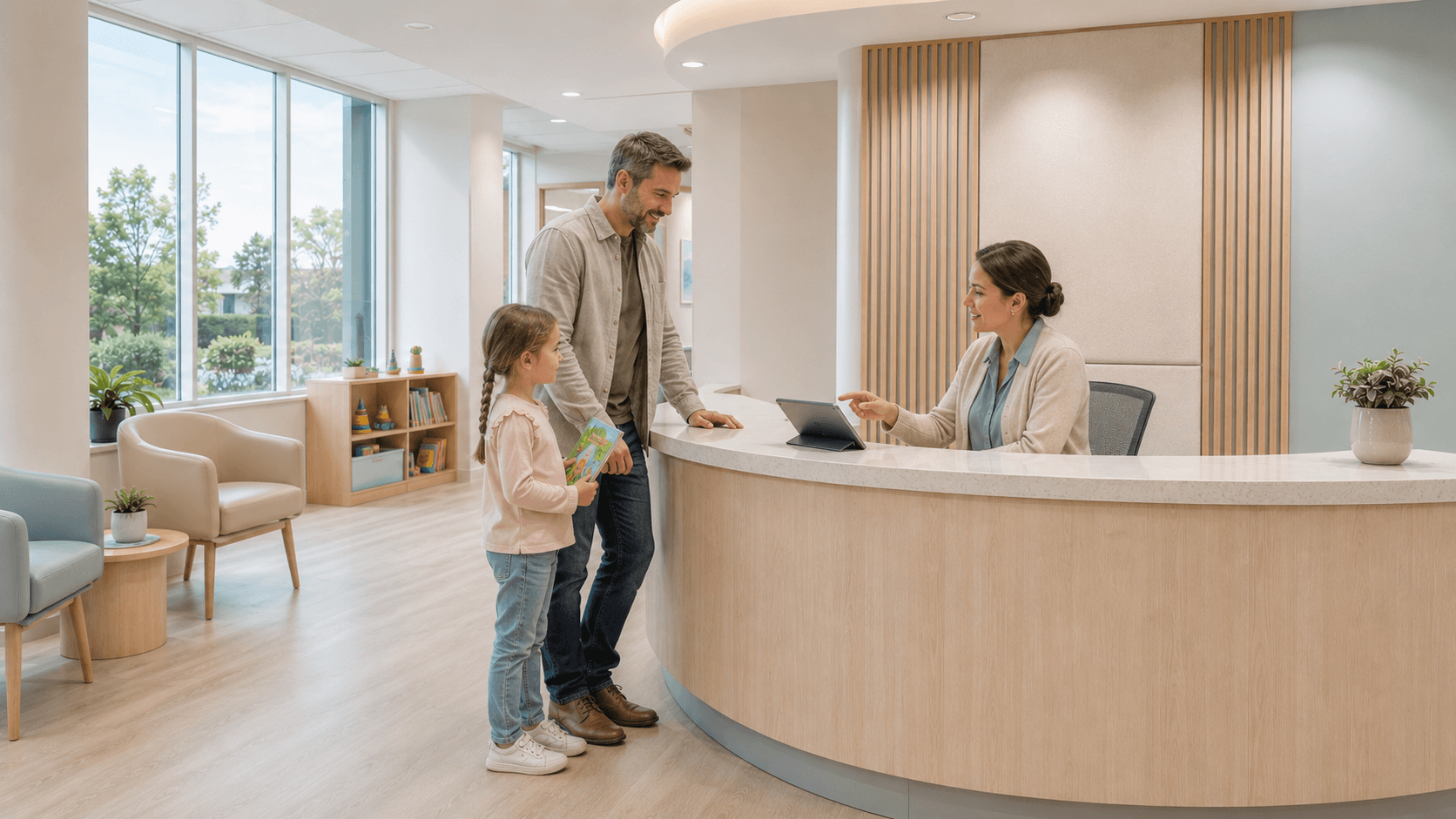A family checking in at a speech therapy clinic