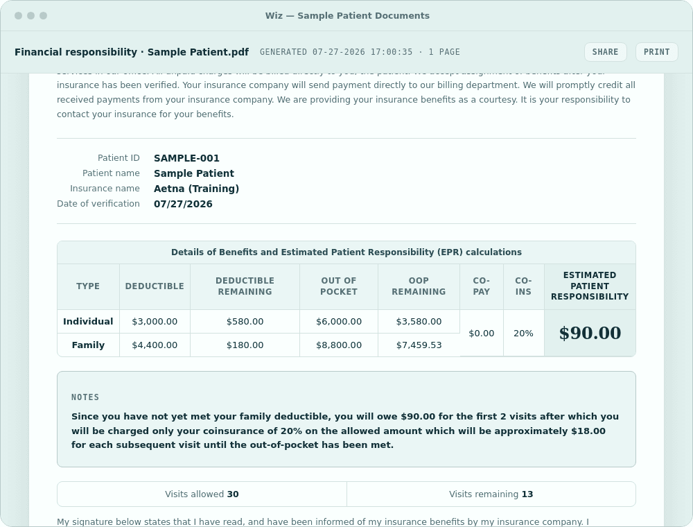 Deidentified therapy patient estimate showing benefit details and a calculated patient responsibility amount.